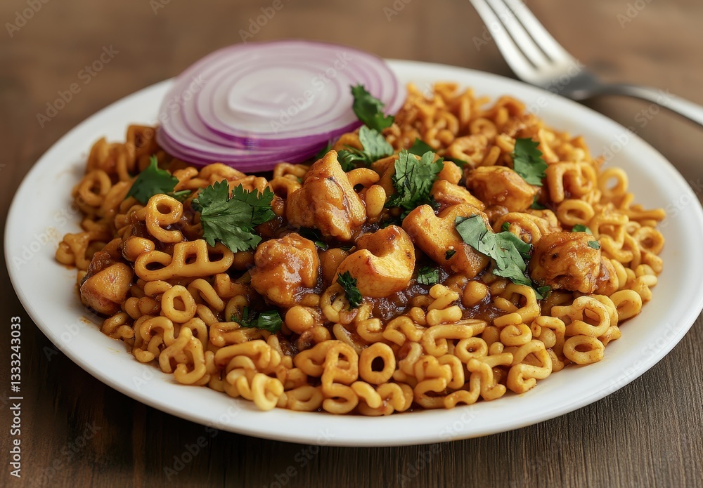Delicious Chicken Noodles with Vegetables and Fresh Ingredients Served on a White Plate Surrounded by Aromatic Herbs and Sliced Onions Delicious Chicken Noodles with Vegetables and Fresh Ingredients Served on a White Plate Surrounded by Aromatic Herbs and Sliced Onions