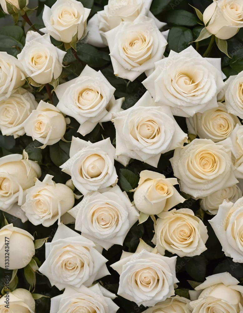 Fototapeta premium A stunning bouquet showcases a variety of white roses, their soft petals inviting admiration Generative AI