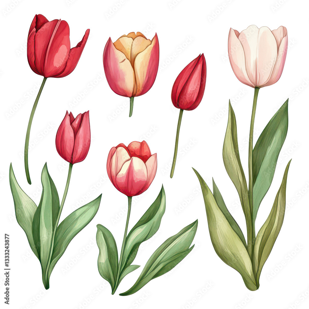 Fototapeta premium Elegant watercolor tulip illustrations in various stages of bloom