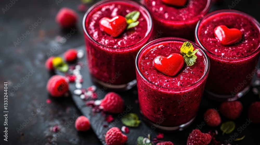 Berry smoothies with heart-shaped toppings Berry smoothies with heart-shaped toppings