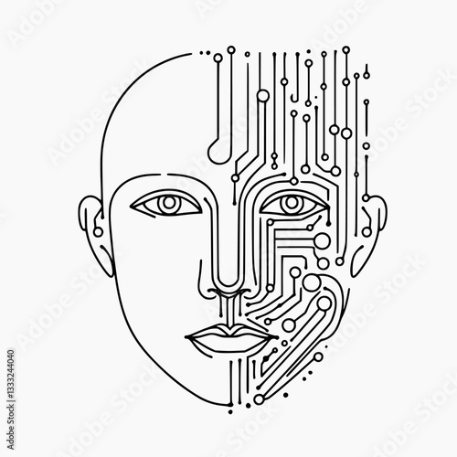 Continuous line art illustration of a futuristic AI-inspired human face, emphasizing minimalism and cutting-edge technology.
