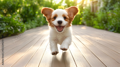 Wallpaper Mural Happy Puppy Running on Wooden Pathway in Sunlit Garden Setting Torontodigital.ca