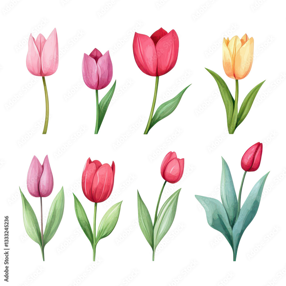 Obraz premium Colorful watercolor tulip flower collection