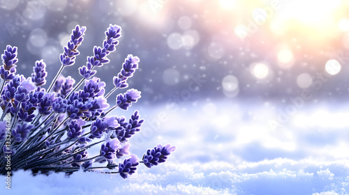 Lavender Flowers Blooming in Snowy Landscape with Bokeh Background