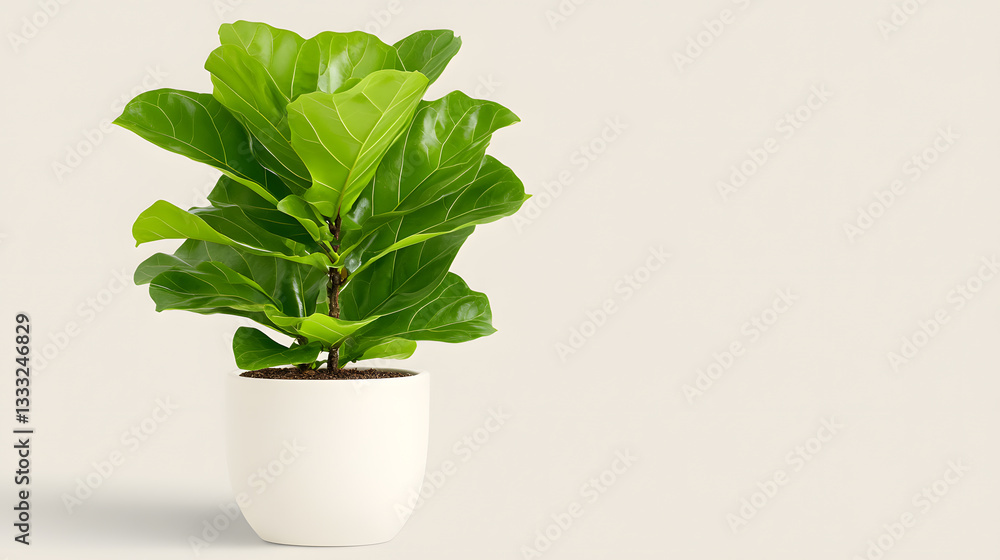 Fototapeta premium Lush Green Fiddle Leaf Fig Plant in Contemporary White Pot