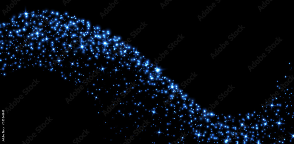 Blue stars and sparkles, magic star dust background, light effect with flares. Shiny particles, glowing shimmer. Holiday decoration. Vector illustration.