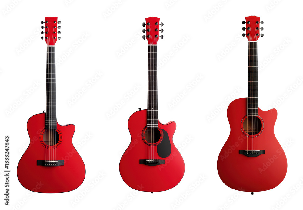Obraz premium Trio of vibrant red acoustic guitars in various angles