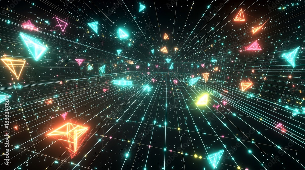 Fototapeta premium Deep space cyberspace themed display with abstract wireframe structures glowing triangular grids and floating digital data streams