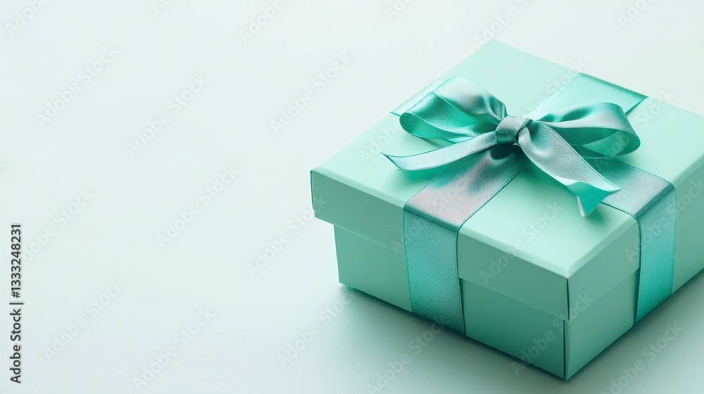 Light Teal Gift Box with Patterned Ribbon on Textured Background Light Teal Gift Box with Patterned Ribbon on Textured Background