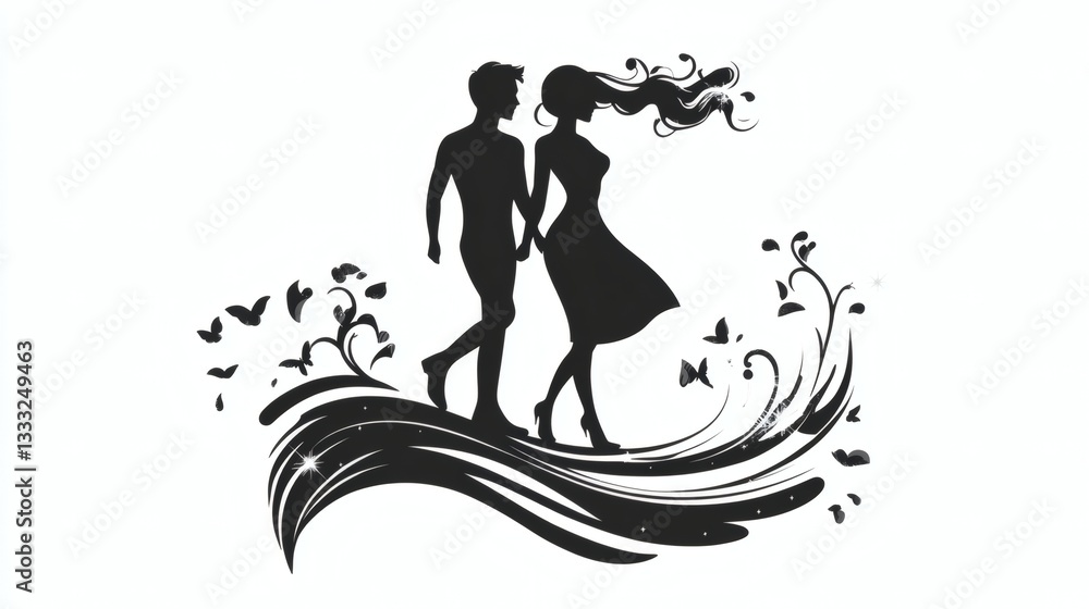Romantic Silhouette of a Couple with Flowing Hair and Butterflies Romantic Silhouette of a Couple with Flowing Hair and Butterflies