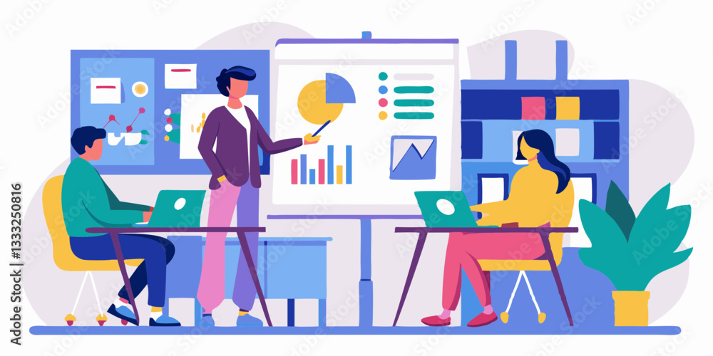 Business strategy meeting illustration with a presenter explaining charts to colleagues. Business strategy meeting illustration with a presenter explaining charts to colleagues.