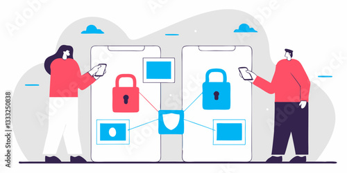 The illustration emphasizes protected communication and data transfer, potentially representing blockchain or similar secure network technology.
