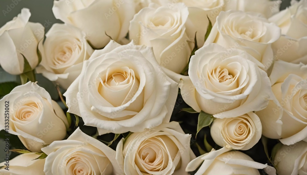 Obraz premium A stunning collection of fresh white roses arranged beautifully, showcasing their soft petals and enchanting fragrance. Perfect for any special occasion or as a heartfelt gift Generative AI