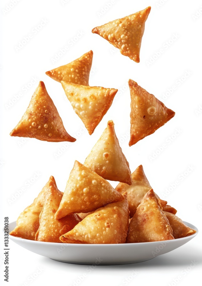 Delicious Golden Brown Samosas Falling from Above into a White Bowl with a Crisp and Flaky Texture on a Bright Background Delicious Golden Brown Samosas Falling from Above into a White Bowl with a Crisp and Flaky Texture on a Bright Background