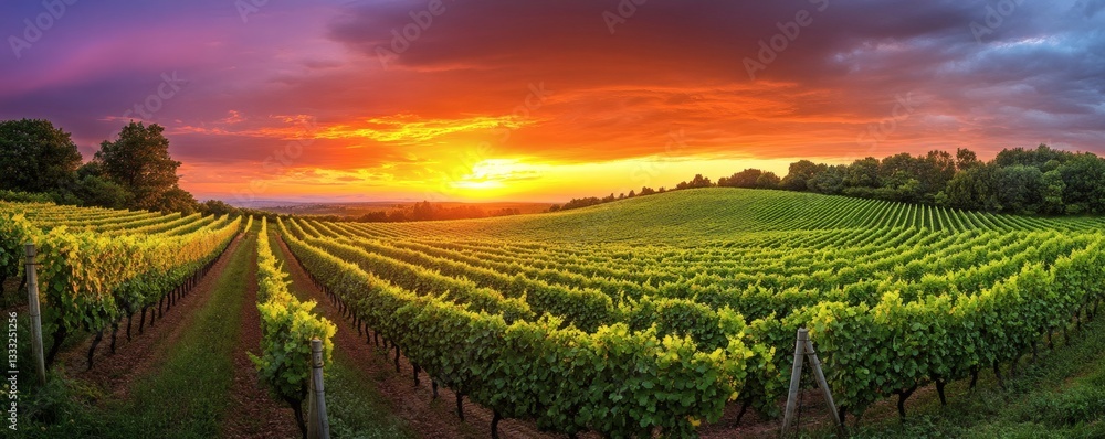 Fototapeta premium A beautiful vineyard at sunset with rows of thriving grape vines