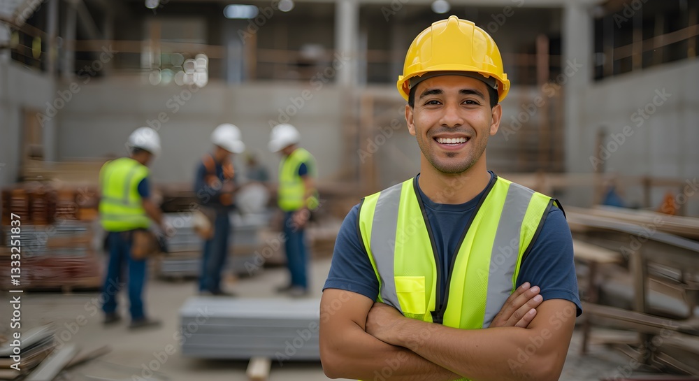 Smiling Construction Worker in Safety Gear at Job Site Smiling Construction Worker in Safety Gear at Job Site