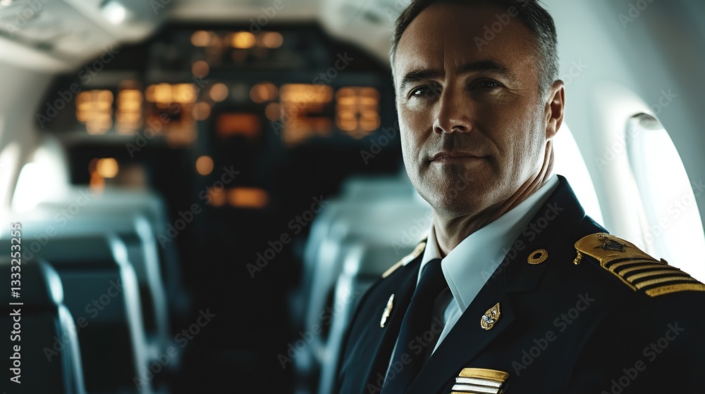 Confident uniformed airline captain standing in airplane cabin Confident uniformed airline captain standing in airplane cabin