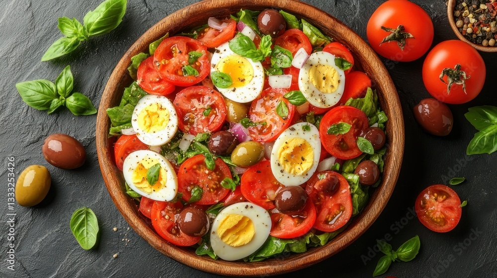Colorful salad with tomatoes, eggs, olives, and herbs Colorful salad with tomatoes, eggs, olives, and herbs