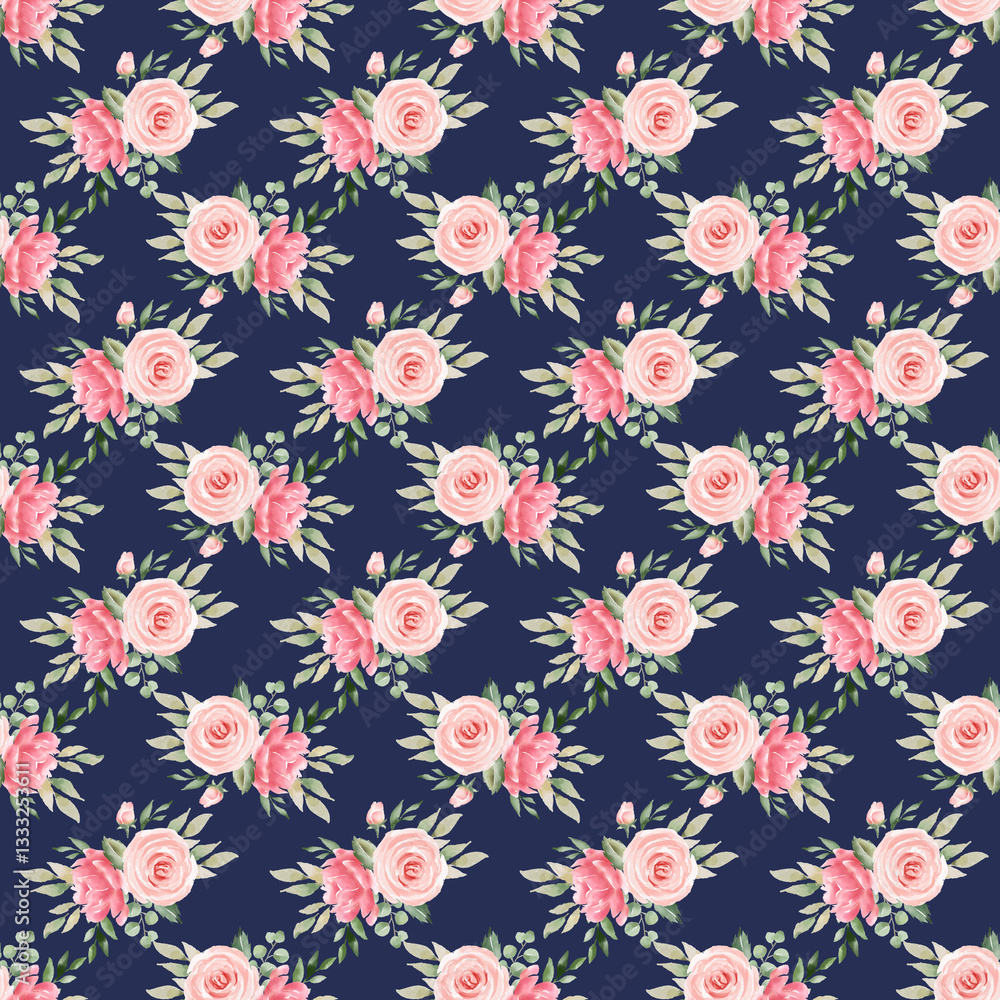 Obraz premium Seamless floral pattern with small pink roses and green leaves on dark navy background. Delicate romantic botanical design ideal for fabric, wallpaper, packaging, fashion prints, and surface design.