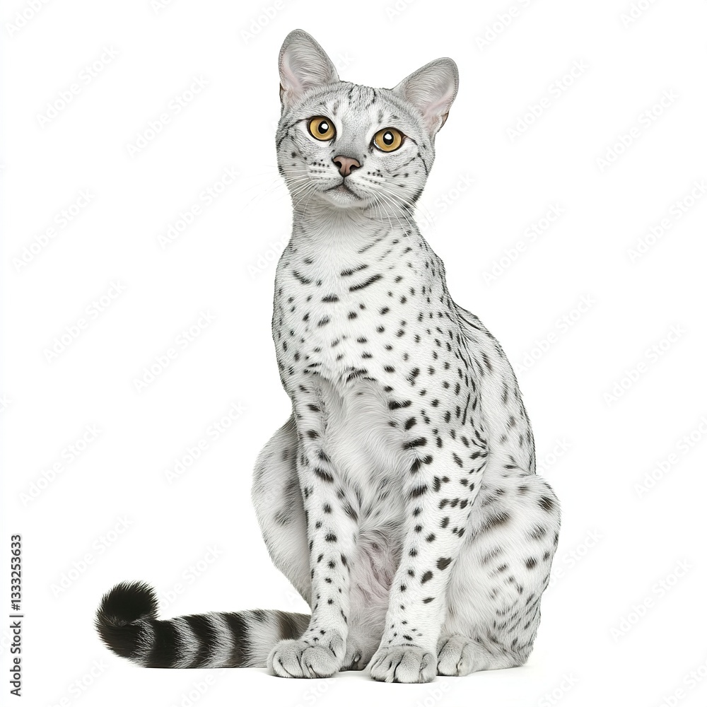 Obraz premium A beautiful Egyptian Mau sitting gracefully, its spotted silver coat glowing under bright even lighting, full-body shot, isolated on a white backdrop. 