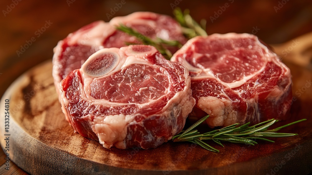 Fresh raw red meat showcasing uncooked pork chops and a beef steak, ready for cooking Fresh raw red meat showcasing uncooked pork chops and a beef steak, ready for cooking