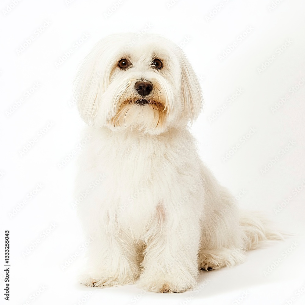 A charming Coton de Tulear sitting with its silky, fluffy white coat illuminated under soft lighting, full-body shot, clean white backdrop. A charming Coton de Tulear sitting with its silky, fluffy white coat illuminated under soft lighting, full-body shot, clean white backdrop.