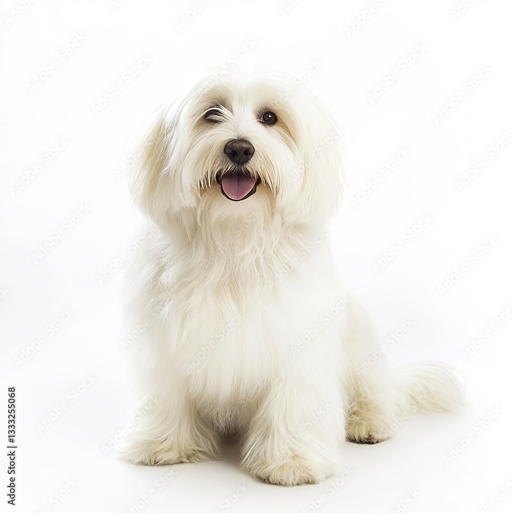 A charming Coton de Tulear sitting with its silky, fluffy white coat illuminated under soft lighting, full-body shot, clean white backdrop. A charming Coton de Tulear sitting with its silky, fluffy white coat illuminated under soft lighting, full-body shot, clean white backdrop.
