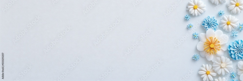 A white and blue flower border features a bright yellow center. A white and blue flower border features a bright yellow center.