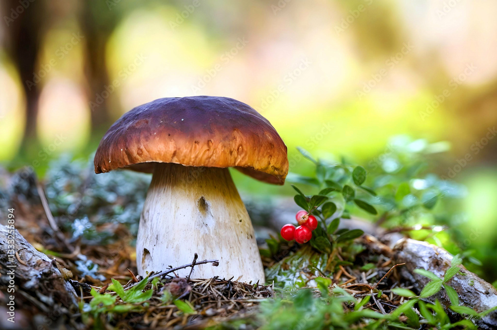 Close-up view of a boletus with a brown cap and knife in the forest next to berries on a greenery background. Close-up view of a boletus with a brown cap and knife in the forest next to berries on a greenery background.