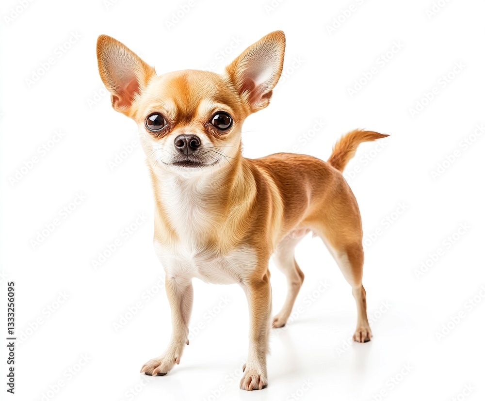 A chihuahua standing with its ears perked, tiny frame sharply defined against bright even lighting, minimalistic high-key photography, isolated on white. 