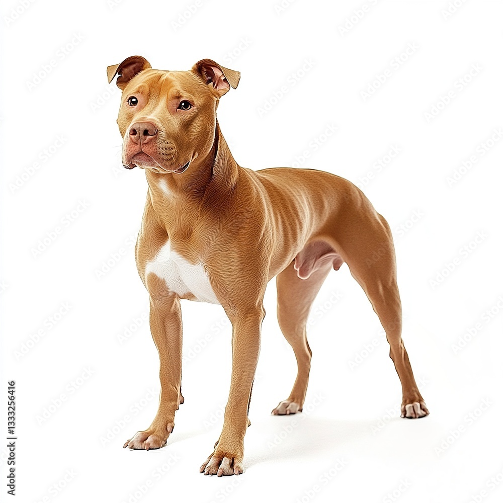 Fototapeta premium A confident American Pit Bull Terrier standing with a strong stance, its smooth coat and muscular build well-defined under even lighting, full-body portrait, white backdrop.