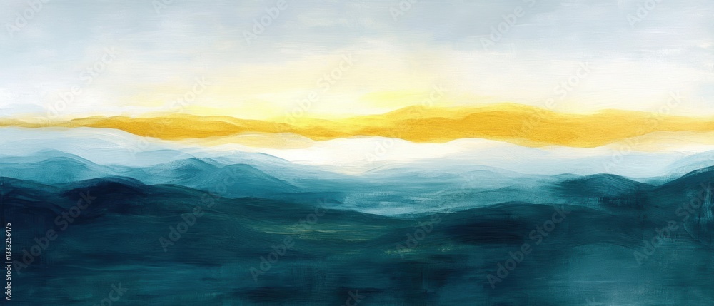 Fototapeta premium A vibrant painting showcasing a mountain range under a yellow sky with fluffy clouds.