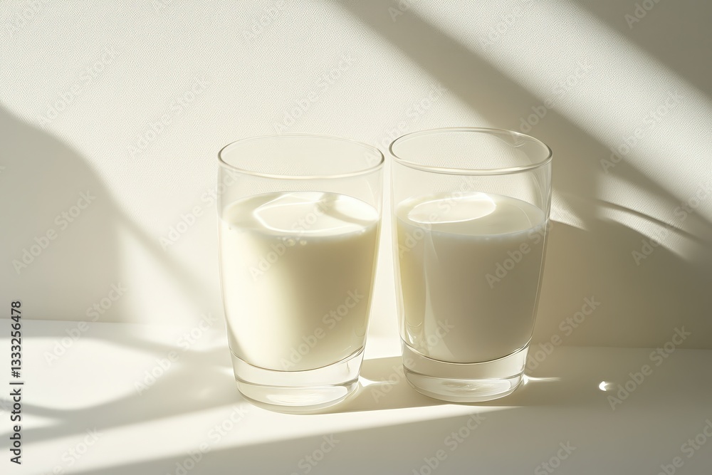 Two transparent glasses containing a white liquid on a surface Two transparent glasses containing a white liquid on a surface