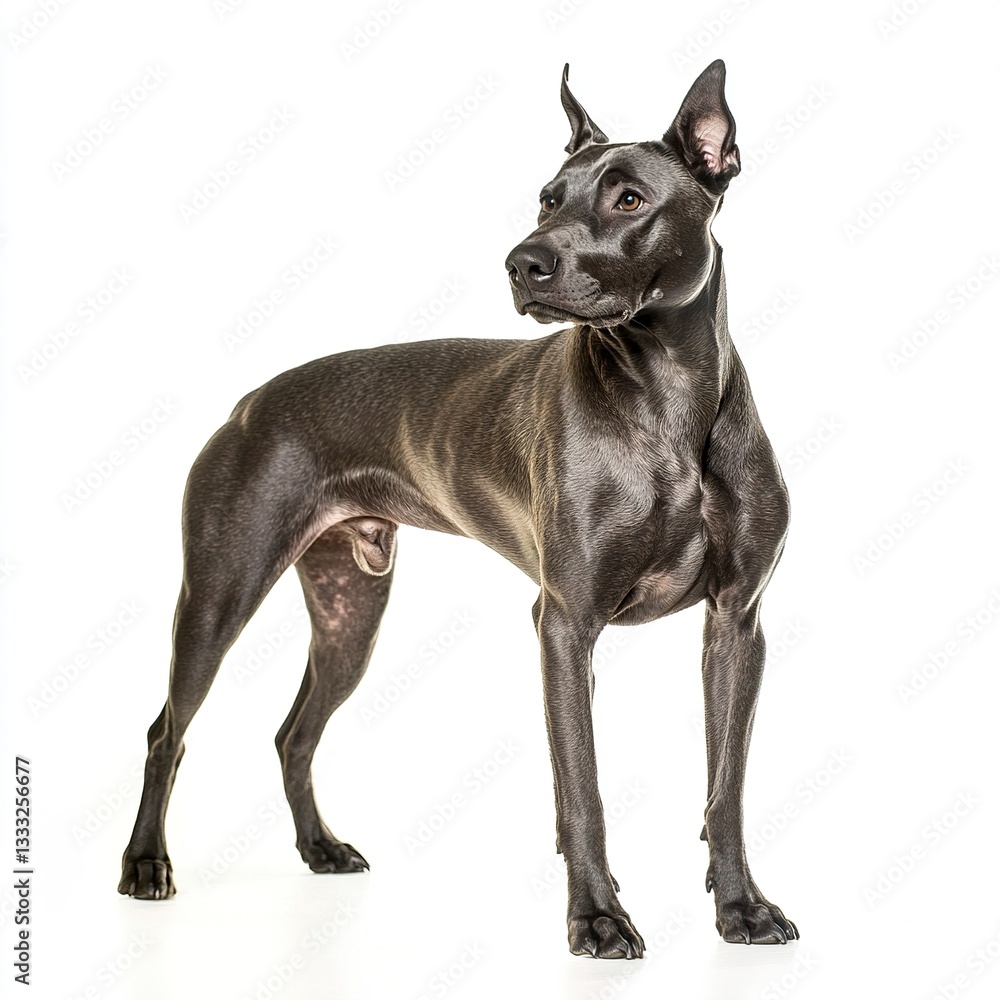 A confident Thai Ridgeback standing with a strong stance, its sleek coat and defined muscles highlighted under even lighting, full-body portrait, white background. A confident Thai Ridgeback standing with a strong stance, its sleek coat and defined muscles highlighted under even lighting, full-body portrait, white background.