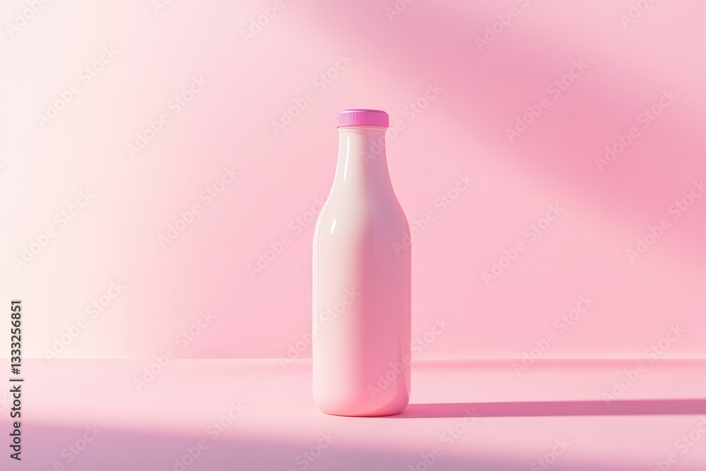 A pink bottle with a cap stands against a pink background A pink bottle with a cap stands against a pink background