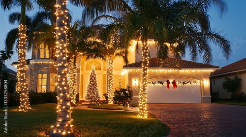 Home with white Christmas lights and palm tree wrapped neatly