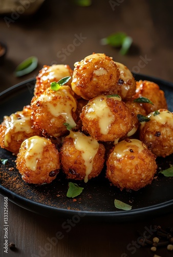 Delicious golden fried snacks drizzled with creamy sauce on a dark wooden table, perfect for gatherings and culinary presentations