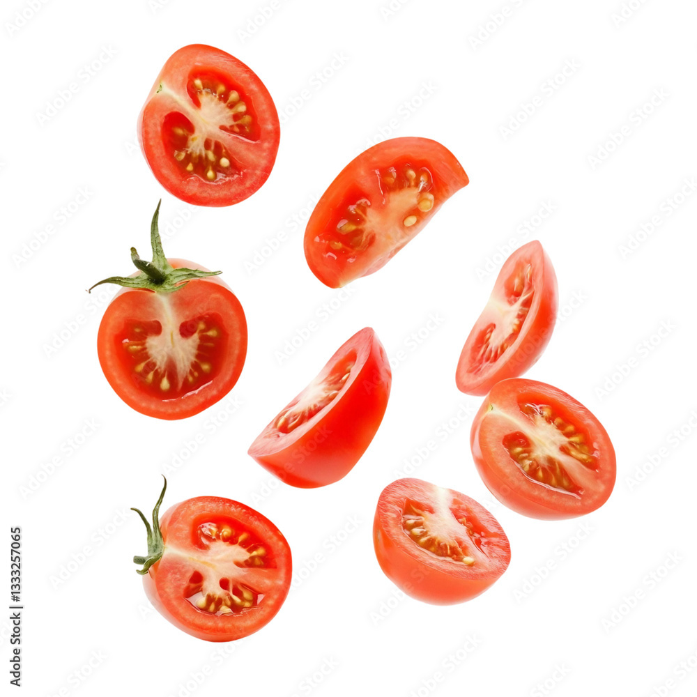 flying tomato slices isolated on transparent and white background flying tomato slices isolated on transparent and white background