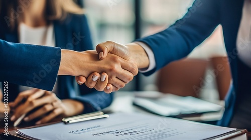 Female entrepreneur shaking hands with a venture capitalist contract agreement signed new investment deal sealed
