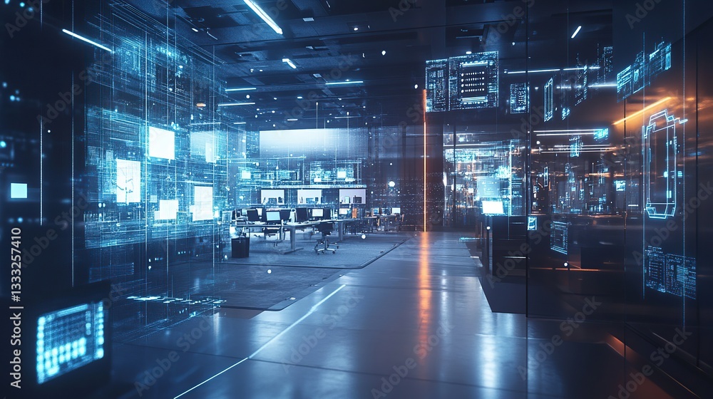 Modern and futuristic office interior with binary code holograms and virtual network connections Modern and futuristic office interior with binary code holograms and virtual network connections