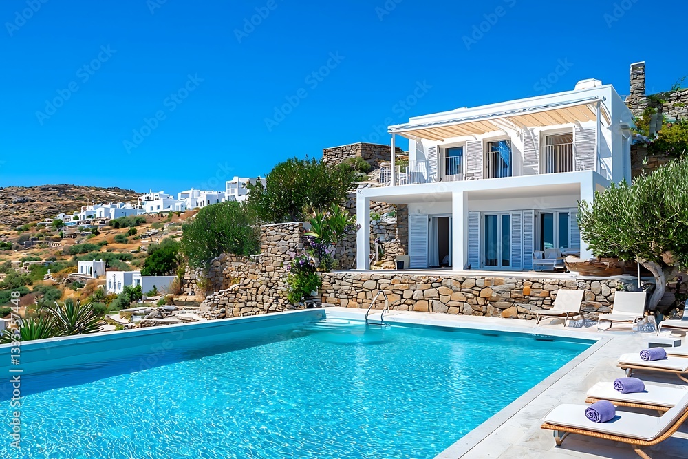Fototapeta premium Inviting Retreat Contemporary Residence luxury villa with large swimming pool Luxury modern estate property on hill with stunning sea view Summer vacation tourism