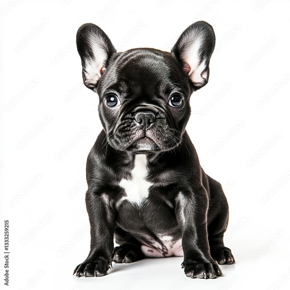 A cute French bulldog puppy sitting with perked ears, its round eyes gazing curiously at the camera, soft even lighting, close-up portrait, white background A cute French bulldog puppy sitting with perked ears, its round eyes gazing curiously at the camera, soft even lighting, close-up portrait, white background