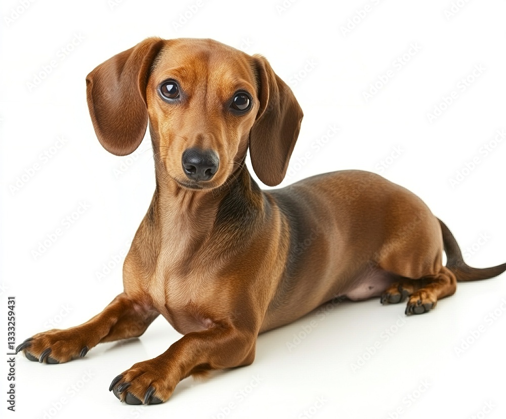 A dachshund lying down with its head tilted curiously, even lighting emphasizing its sleek fur, full-body shot, high-resolution studio photography. on white background A dachshund lying down with its head tilted curiously, even lighting emphasizing its sleek fur, full-body shot, high-resolution studio photography. on white background