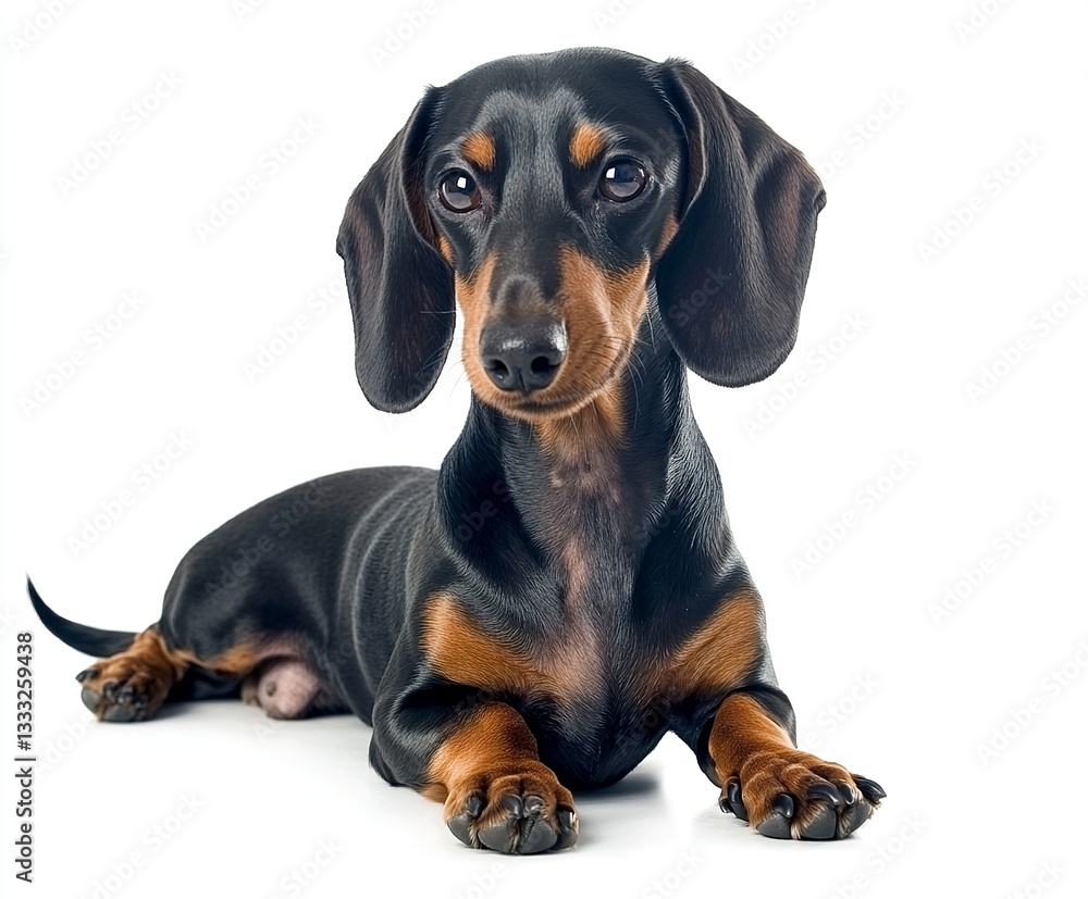 A dachshund lying down with its head tilted curiously, even lighting emphasizing its sleek fur, full-body shot, high-resolution studio photography. on white background A dachshund lying down with its head tilted curiously, even lighting emphasizing its sleek fur, full-body shot, high-resolution studio photography. on white background