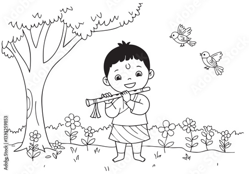 Boy Blowing a Flute Under the Tree – Peaceful Pencil Sketch