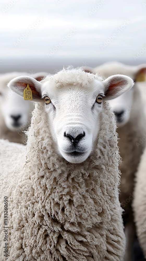 Fototapeta premium Sheep Stare Head-On in Field. Cloudy Day Backdrop