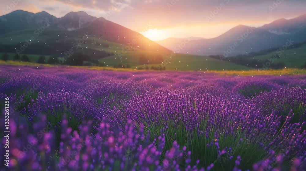 Obraz premium Serene Lavender Field at Sunrise with Mountains in the Background