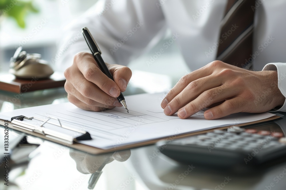 A professional's hands writing on paper with a pen, surrounded by office tools, conveying focus and productivity in a business setting. A professional's hands writing on paper with a pen, surrounded by office tools, conveying focus and productivity in a business setting.