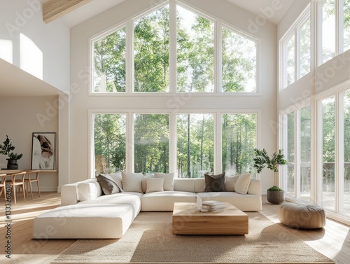 A bright and modern living room with large windows and scenery