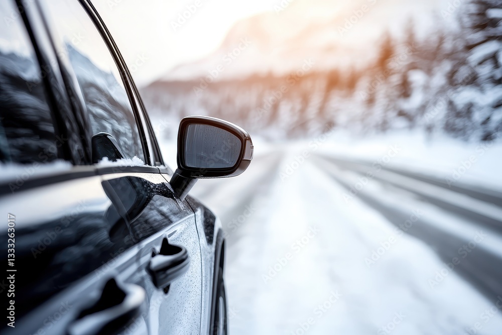 Obraz premium A sleek car parked beside a snowy road, reflecting the serene winter landscape, with mountains in the background and a soft sunlight glow.